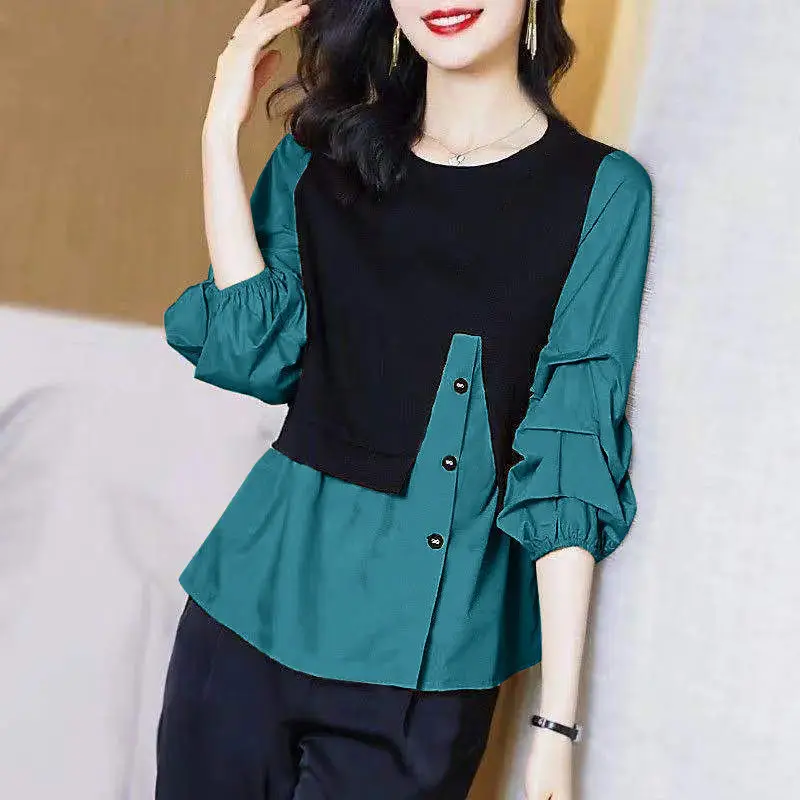 Fashion Folds Button Spliced Fake Twee Stukken Blouse Vrouwen Kleding 2022 Herfst Nieuwe Casual Tops Lantaarn Mouwen Koreaanse Shirt