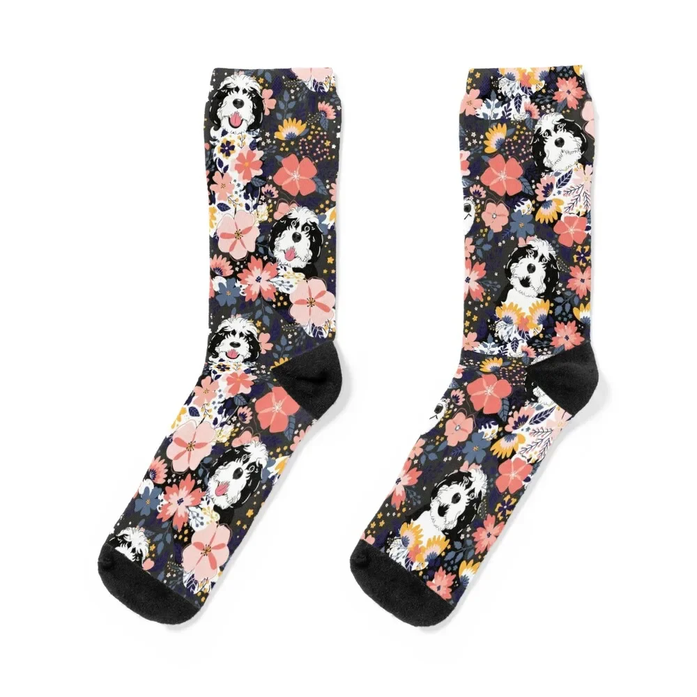 

Black and White Sheepadoodle Garden - Dark Gray Background Socks designer brand loose Christmas cool Women's Socks Men's