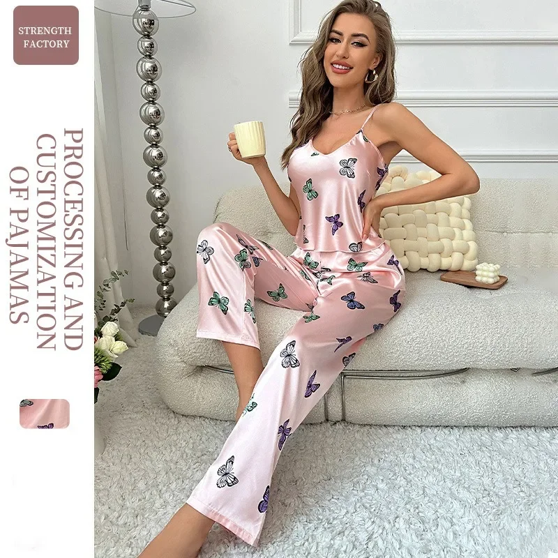 

Female Loungewear Set Summer Pajamas Women's Suspender Tops Long Pants Sleepwear Suit Fashion Imitation Silk Printed Thin Casual