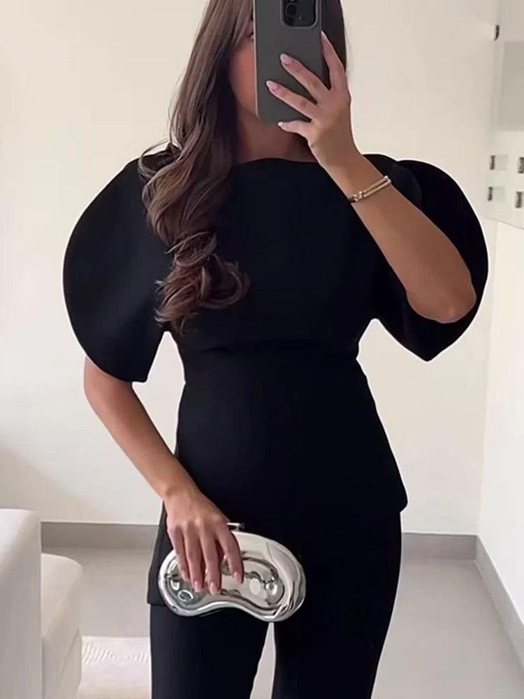 TFMLN Women Casual Puff Sleeve Shirt Solid Color Round Neck Short Sleeve Asymmetry Hem Tops New Female Fashion High Street Top