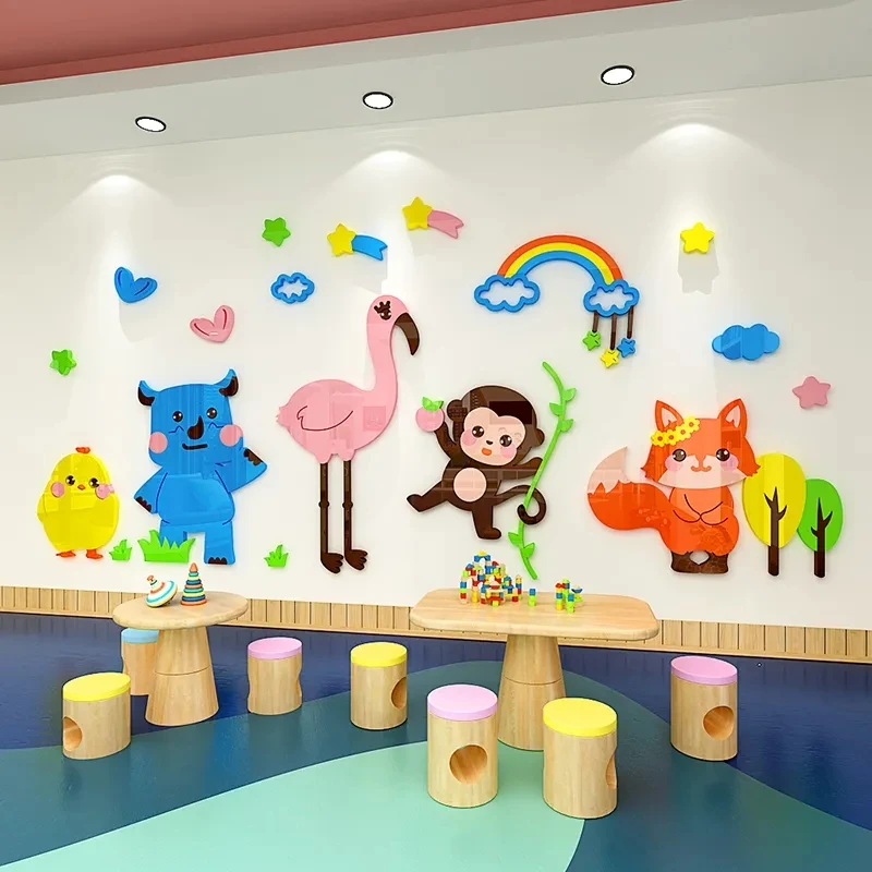 Kindergarten School Cartoon Animal Decor Wall Sticker Child Room 3D Stereo Wall Sticker Home Living Room Bedroom Acrylic Sticker