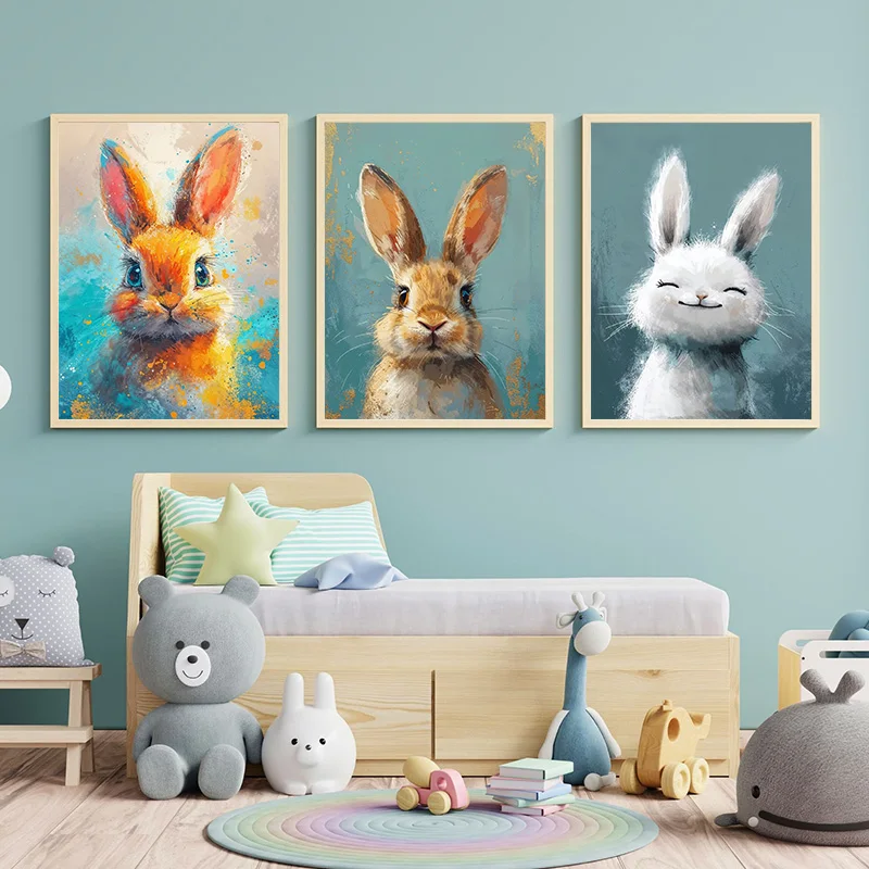 Modern Cute Cartoon Stuffed Rabbit Portrait Animal Posters Prints Canvas Painting Wall Art HD Picture For Living Room Home Decor