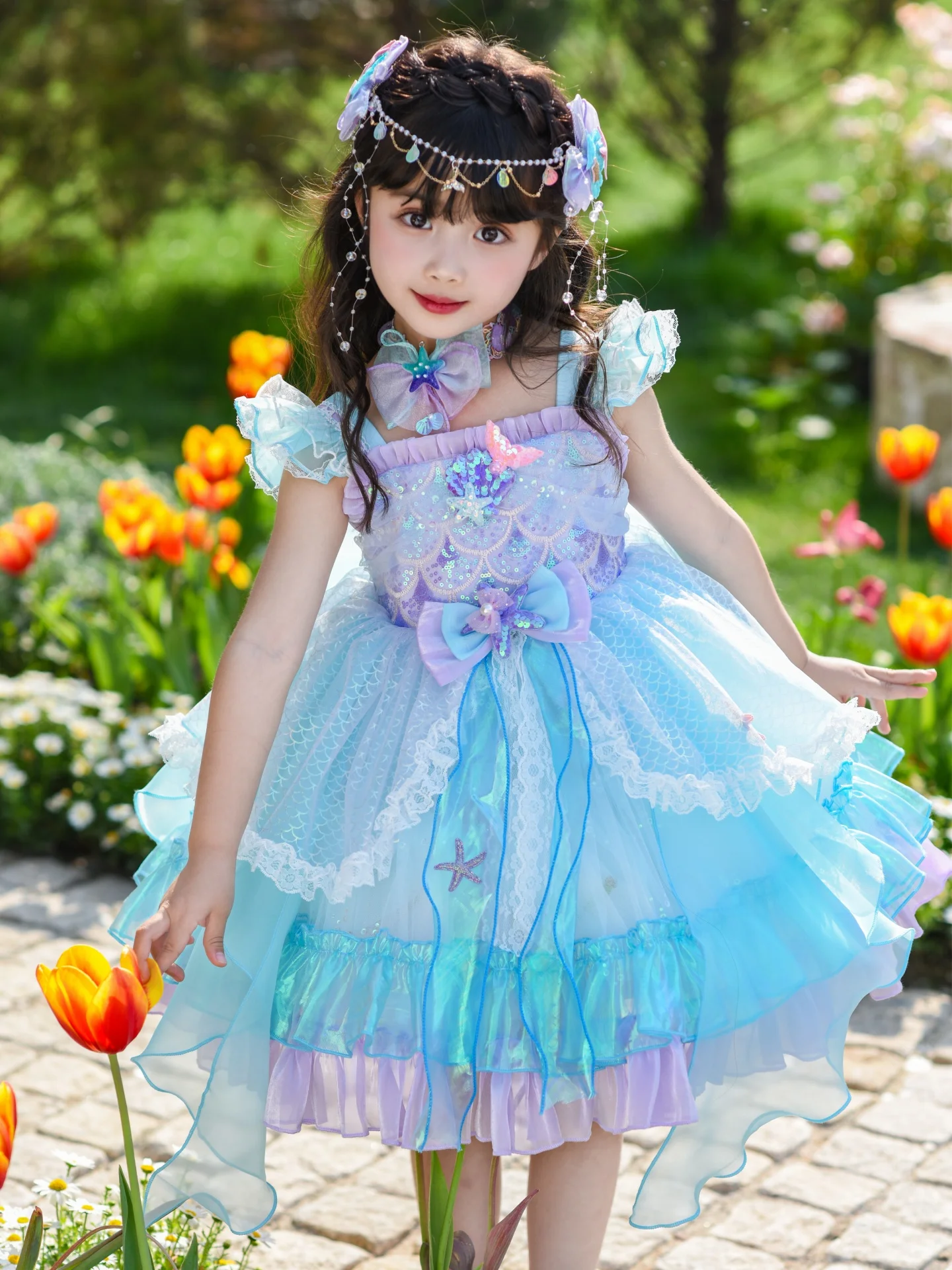 Summer Princess Dress for Girls Children's Mermaid Birthday Cake Girl's Lolita Dress Sweet Style Midi Waist Sequin Skirt