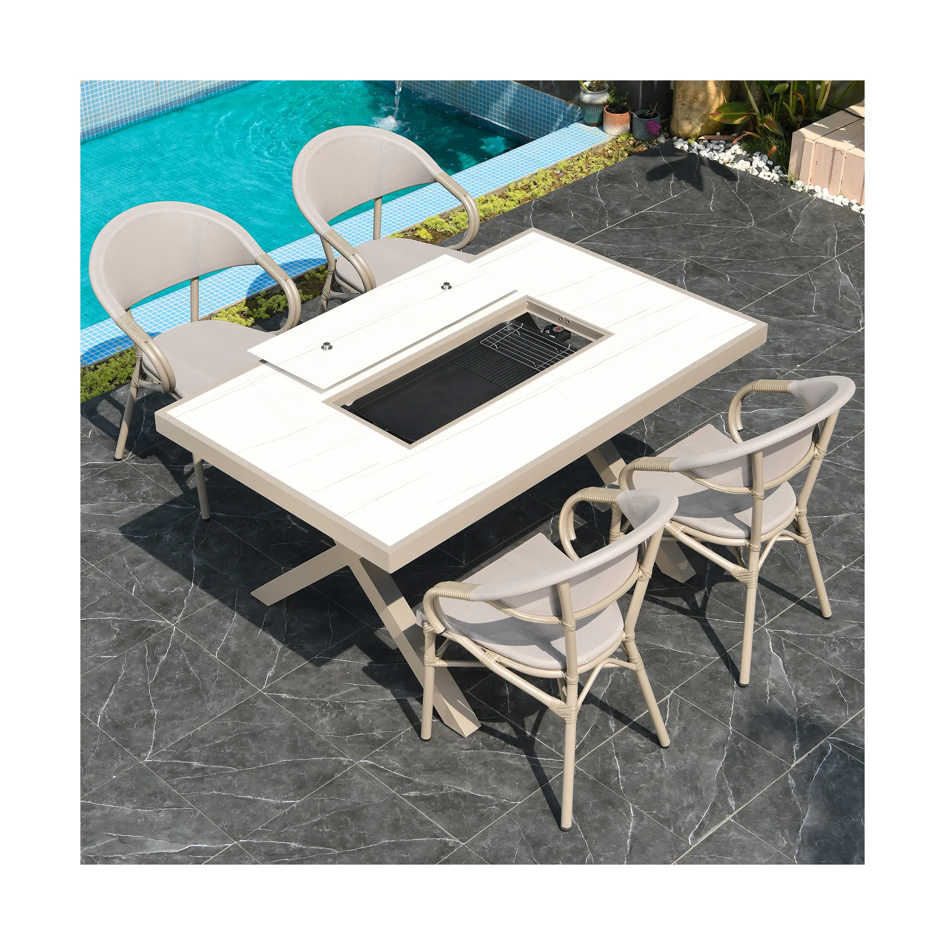 

Factory Direct Charcoal Barbecue Table Textilen Dining Chair Patio Furniture Set