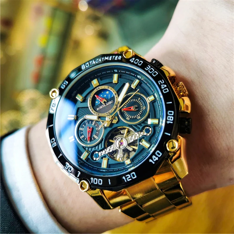 AOKULASIC Military Multifunction Watch for Men Tourbillon Gold Moon Phase Skeleton Automatic Mechanical Watches Stainless Steel