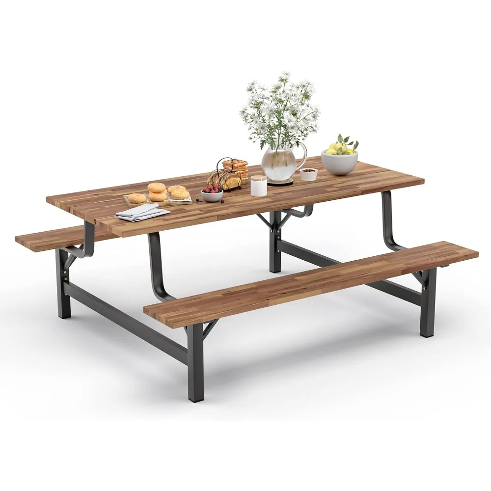 

Picnic Table Bench Set for 6 or 4 Persons, 6FT Large Camping Table, Acacia Wood Outdoor Dining Table Set with 2” Umbrella Hole,