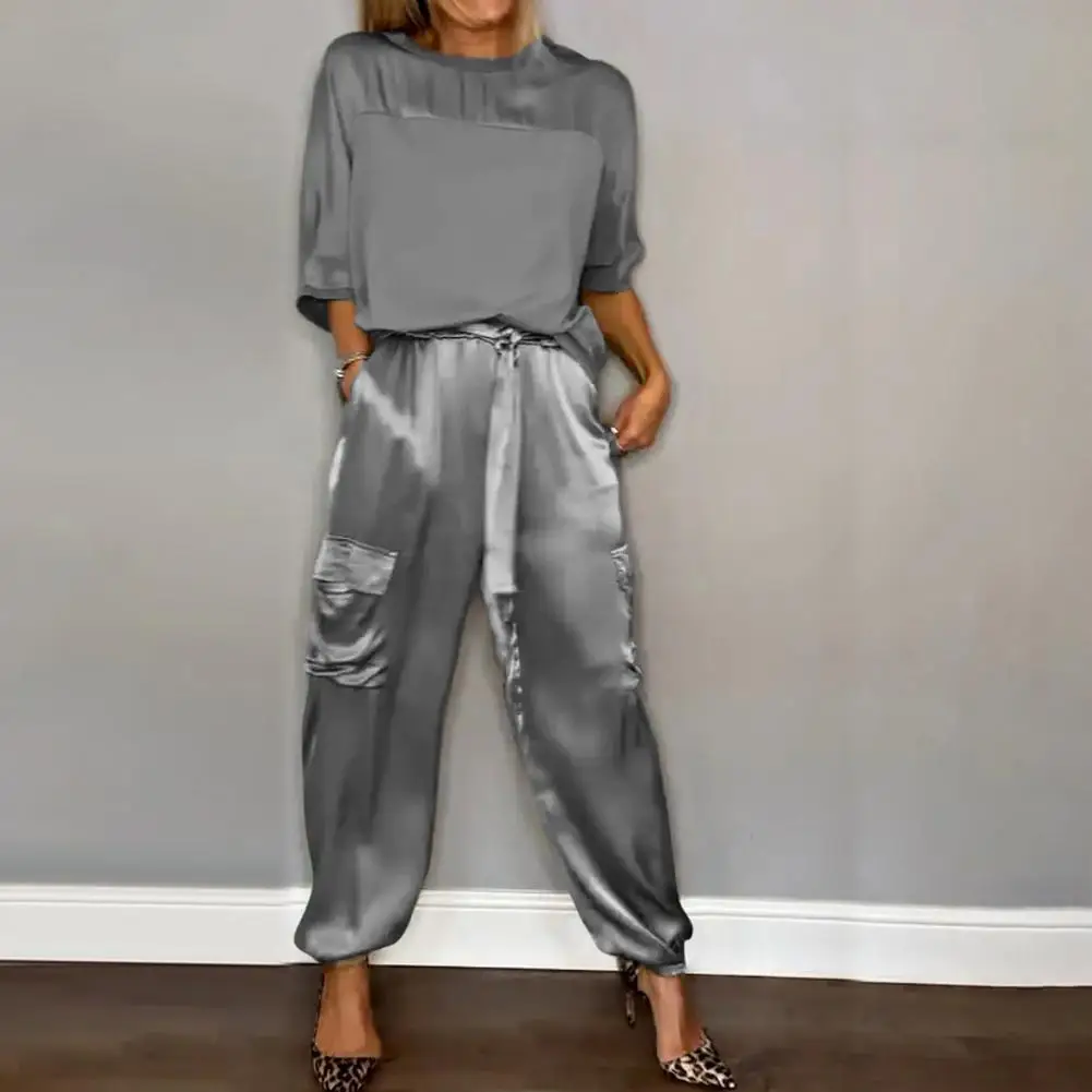 Women Smooth Satin Top Pants Set Three Quarter Sleeves O Neck Lace-up Waist Solid Color Soft Casual Loose Blouse Trousers Set
