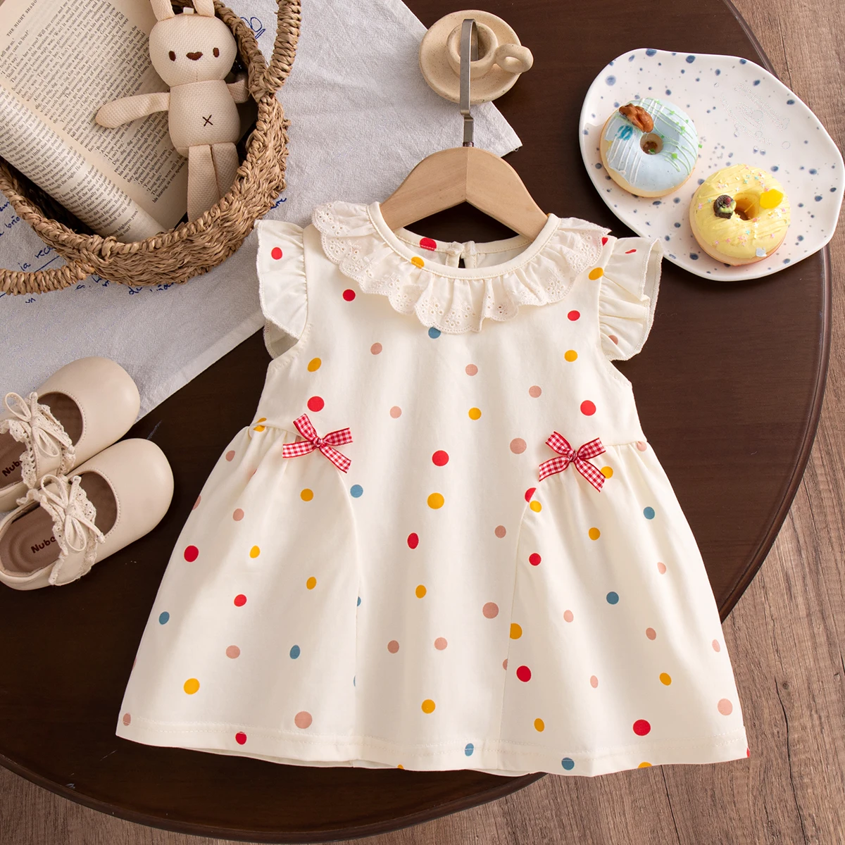 Summer New Red Checkered Bow Baby Girl Dress With Colorful Polka Dot Print Children'S Clothing (3-24 Months)