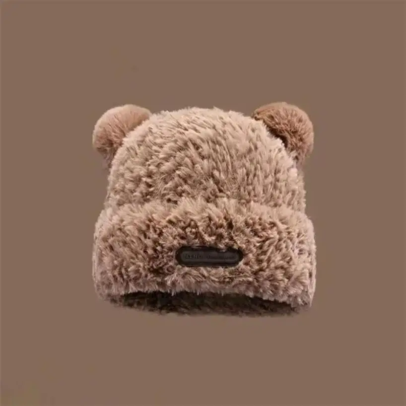 1 Pcs Winter Thickened Cute Little Bear Hat Big Headed Soft Glutinous Plush Hats Ear Protection Woolen Warm Fluffy Fur Headgear