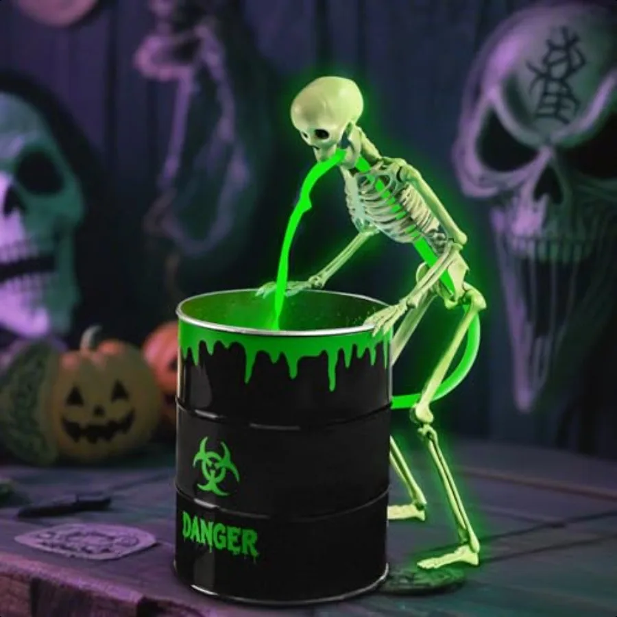 Decoraciones de Halloween Esqueleto de animación interior con cubo de bomba de agua de luz negra UV para decoración de fiesta que brilla en la oscuridad de Halloween