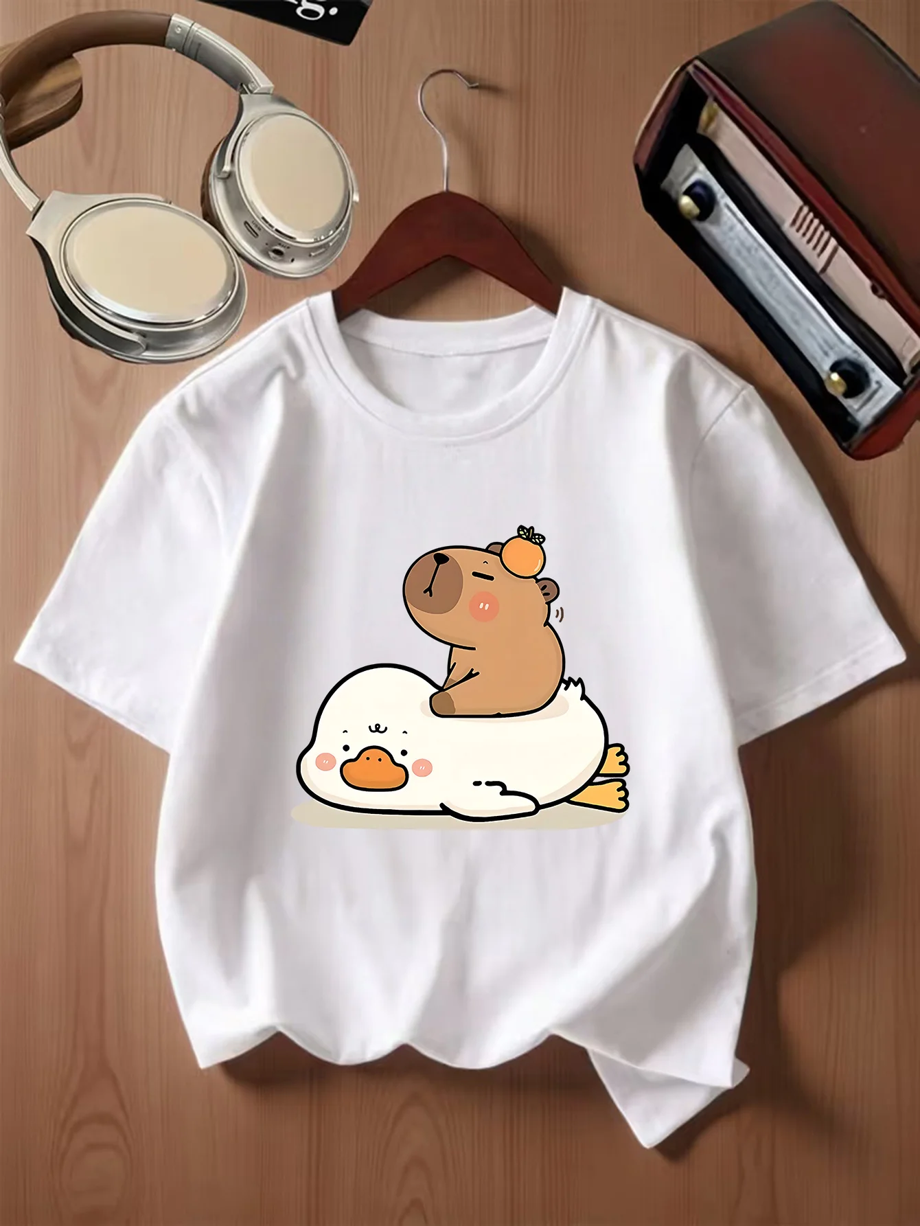 Capybara White Duck Kawaii Cartoon Graphic Kids T Shirt Boys Girls Family Matching Parent Child Summer Crew Neck Casual Tee