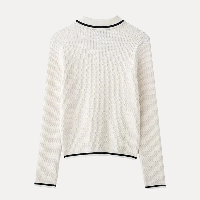 سترة نسائية بسيطة بأكمام طويلة وياقة بولو للربيع، تصميم بألوان متباينة على الحواف، أسلوب عملي، مصنوعة من ألياف البوليستر من ز...