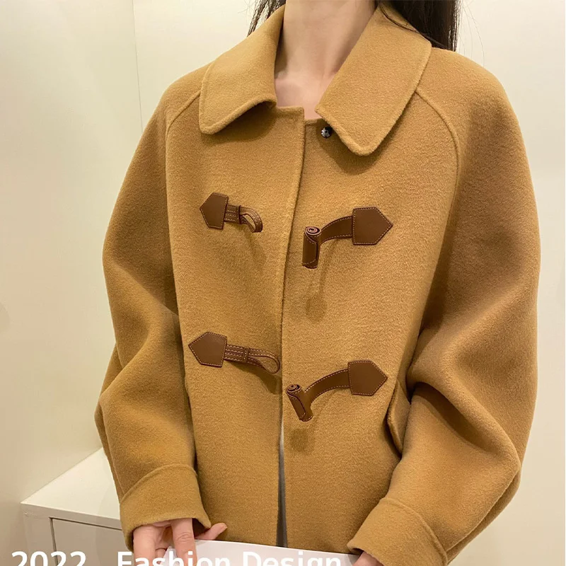 

2023 European Genuine Leather Cowhorn Button Double Sided Cashmere Coat Women's Short 202autumn/winter Reduced Age Bat Sleeve Wo