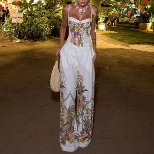 Imagen 1 del producto Conjunto de Tres Piezas de Top Corto Informal con Tirantes + Abrigo + Pantalones, Nuevo Traje de Mujer para Primavera/Verano, Elegante Atuendo Recto Estampado