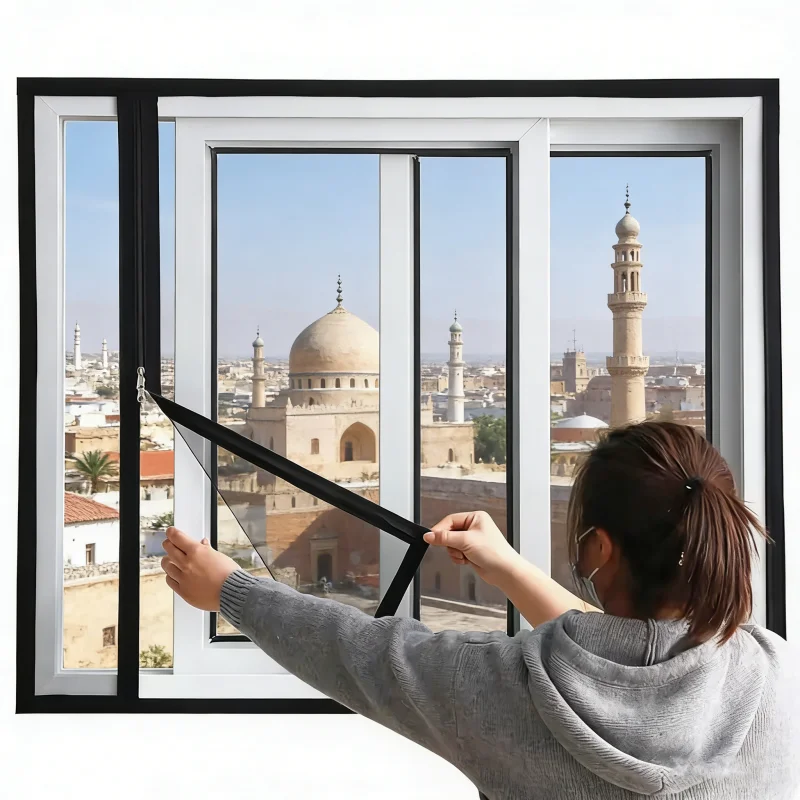 Black anti-mosquito window screen with zipper, self-adhesive mosquito net, invisible sheer, anti-mosquito