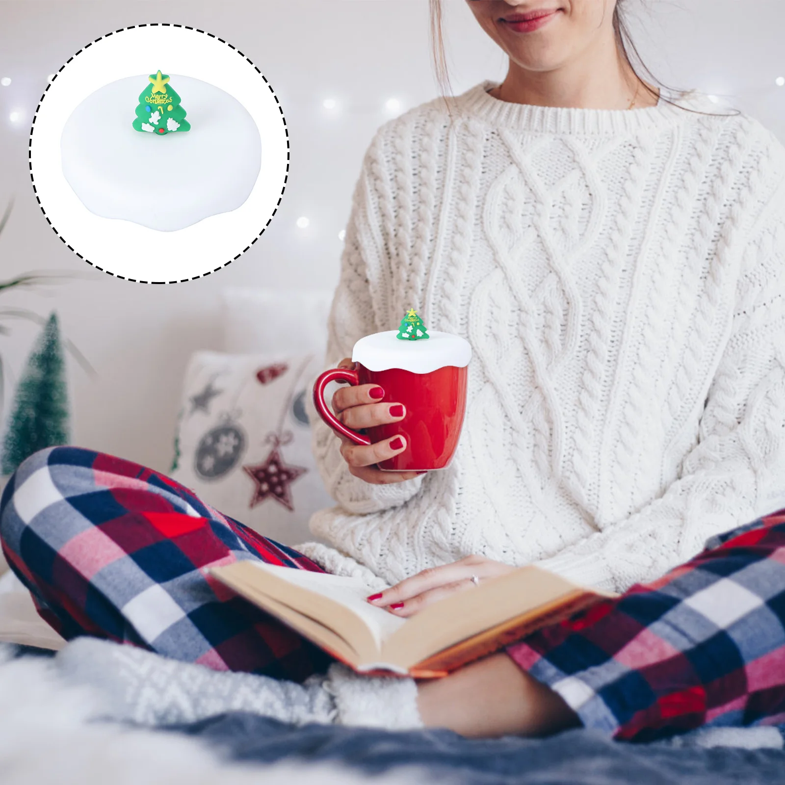 

2pcs Snow Design Silicone Cup Lids Food Grade Reusable Sealed Mug Covers Dust Proof Warmth Retention For Home Office Use