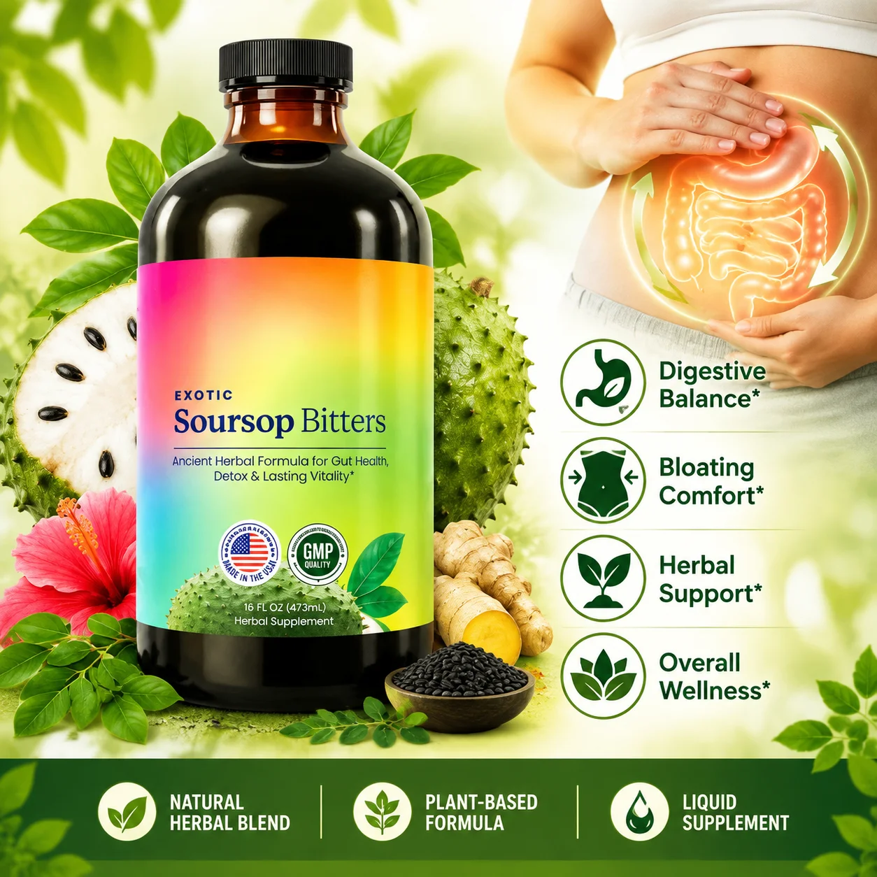 Soursop Bitters Liquid for Digestive Balance & Bloating Comfort Support with Guanabana Moringa Black Seed Ginger，2 Tablespoons