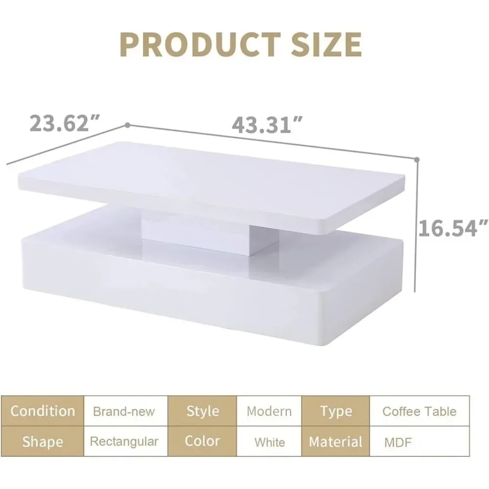 طاولة مركزية مستطيلة مع مصابيح ليد ، طاولة قهوة حديثة ، لامعة عالية ، مستويين ، غرفة معيشة ، 44 بوصة