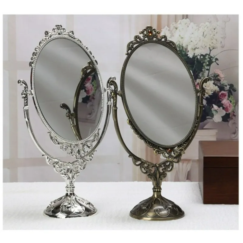 Desktop Decorative Mirror Metal Frame 360 Degree Rotatable Makeup Mirror European Retro Desktop Double-sided Vanity Mirrors