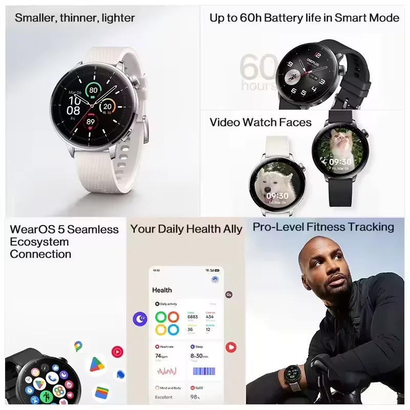 Versión global OnePlus Watch 3 43 mm Smartwatch Pantalla AMOLED de 1,32 pulgadas Fino a 60 horas de duración de la batería Sistema operativo de Google GPS NFC 3