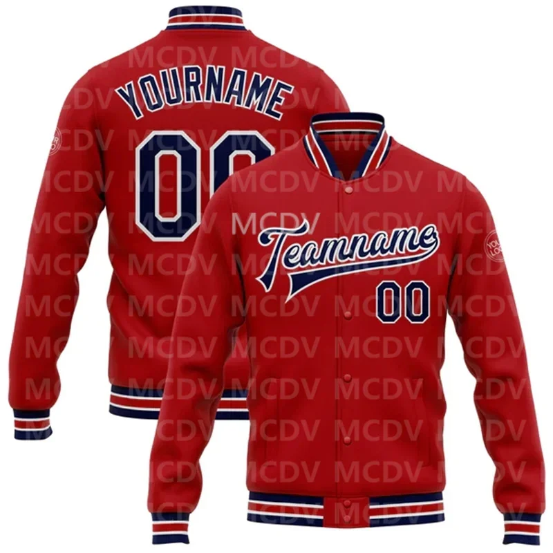 Custom Red Navy-White Bomber Full-Snap Varsity Letterman Jacket  Baseball Button Jacket