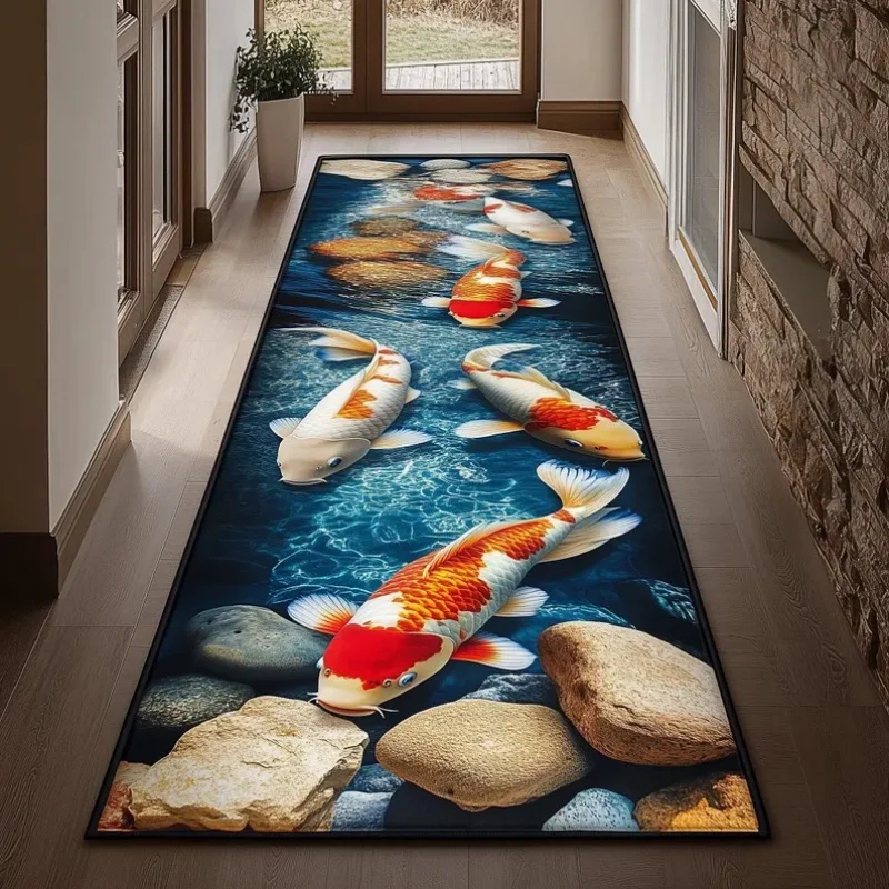 2D Koi Fish Pond Runner Rug for Hallway Corridor Non-Slip Underwater Stone Stream Durable Indoor Floor Mat Artistic Asian Carpet
