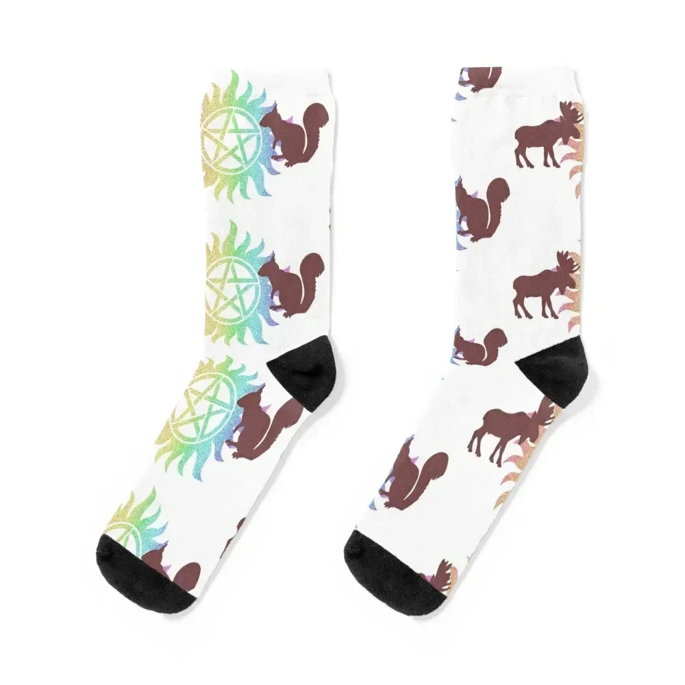 Moose and Squirrel w/Rainbow Anti possession Symbol Socks Stockings snow cycling soccer anti-slip Man Socks Women's