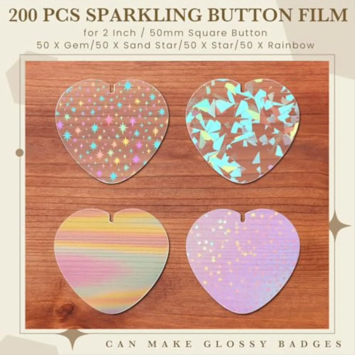 ABLG & 200Pcs Heart Button Maker Supplies Glittering Film for Pin Maker Machine Kit 4 Styles Clear Holographic Laminate Sheets