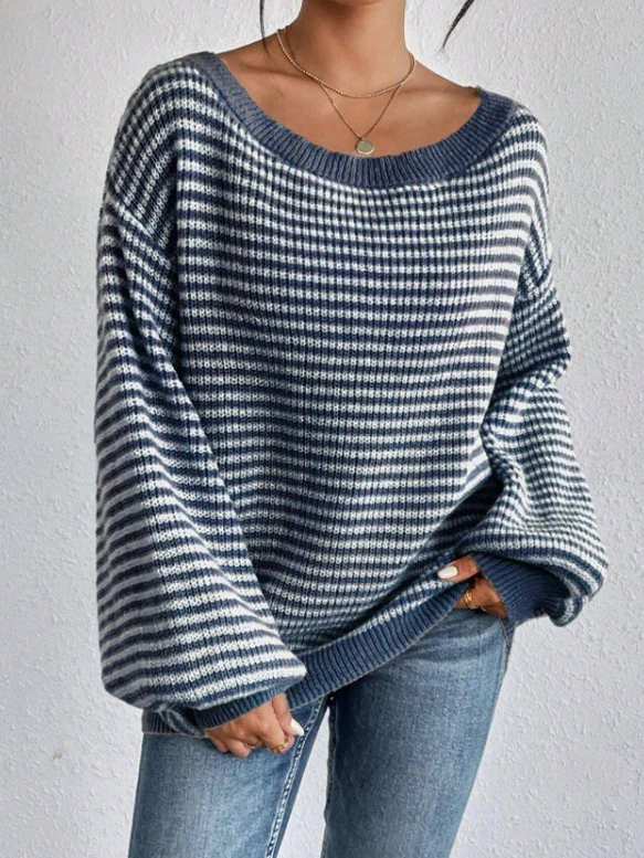 Fashionable and casual temperament, one necked spring and autumn knitted sweater, striped contrasting pullover knitted top