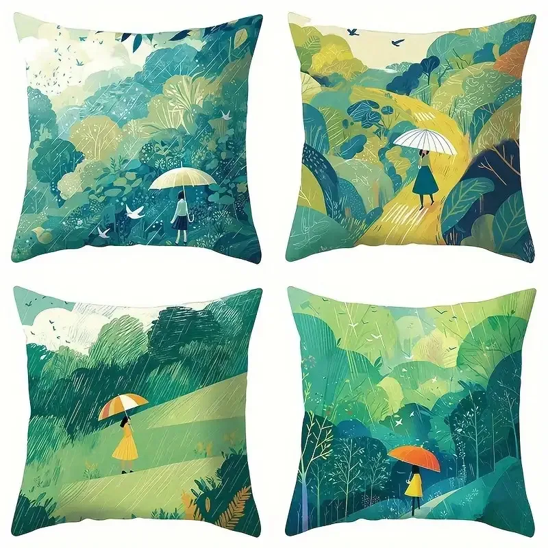Cozy Nature Pillow Covers, Green Forest Umbrella Girl Art Throw Pillow Cases Peaceful Home Decor Cushion Covers for Couch Bed