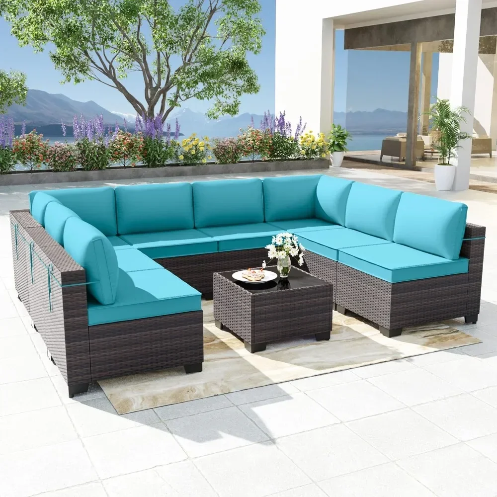 

Patio Furniture Set 9-Pieces Outdoor Furniture for Backyard Wicker Sectional Sofa Set Turquoise Dinning Tables Sets Garden Table