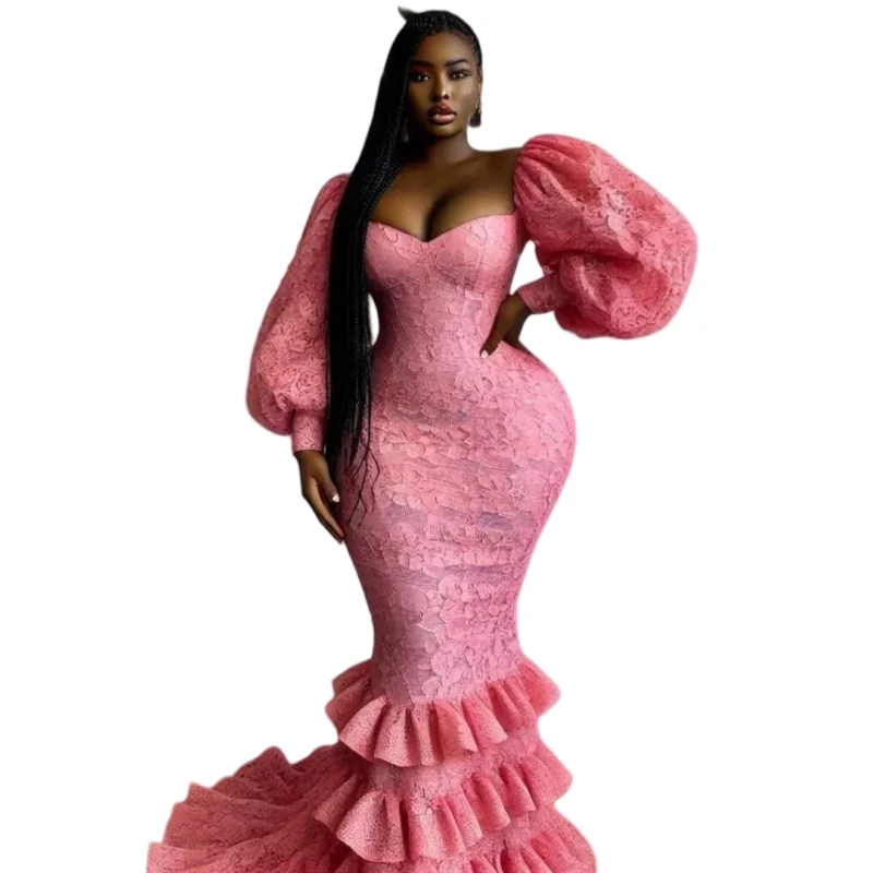 فستان سهرة من الدانتيل الوردي الأفريقي من Aso Ebi، فستان مناسبة رسمية مكشكش وأكمام طويلة قابل للإزالة، مخصص للحفلات الراقصة