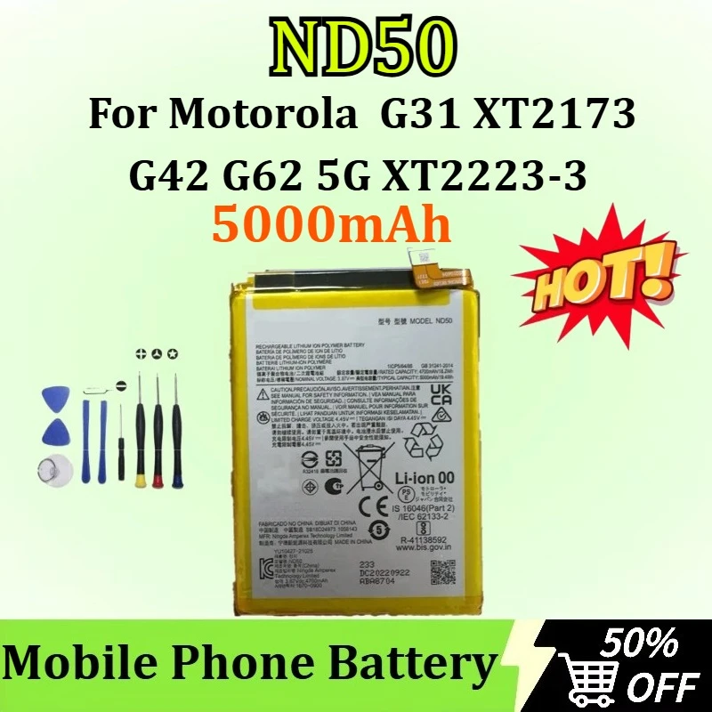

New High-quality ND50 5000mAh Battery for Motorola G31 XT2173 G42 G62 5G XT2223-3 XT2223-2 XT2223-1 Mobile Phone Battery + Tool