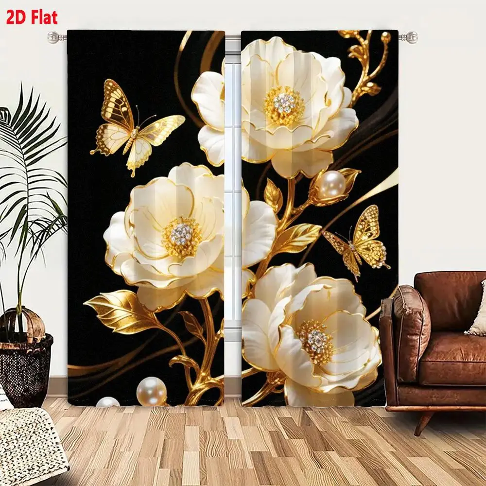 2Pcs Curtains 2D Flat Ornate Decorative Arrangement With Three White Flowers Golden Accents Black Background Delicate Layered Pe