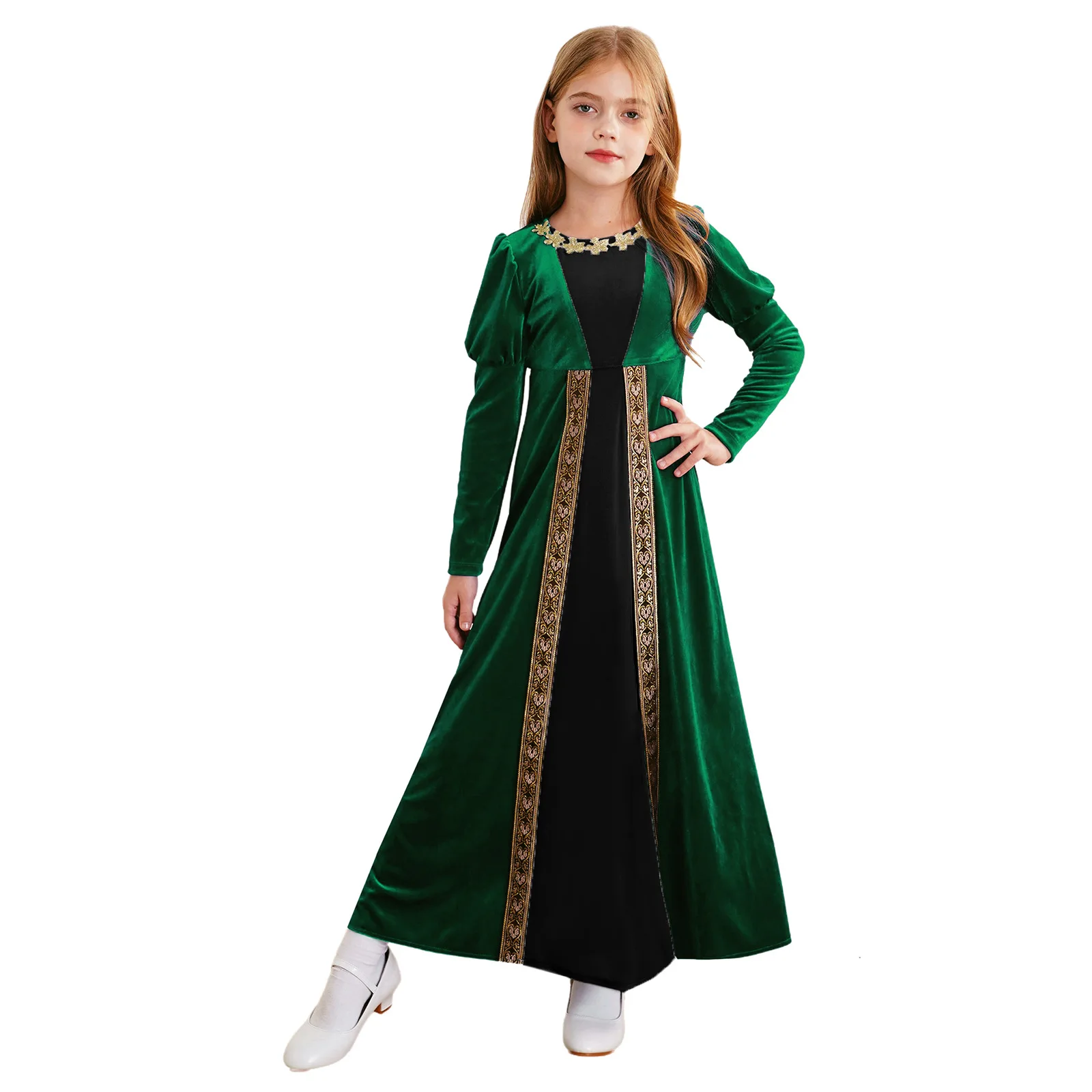 Costume de la Renaissance médiévale pour enfants, robe en velours à manches longues, plis rétro, jeu de prairie, robe romaine, olympiques de Noël pour filles