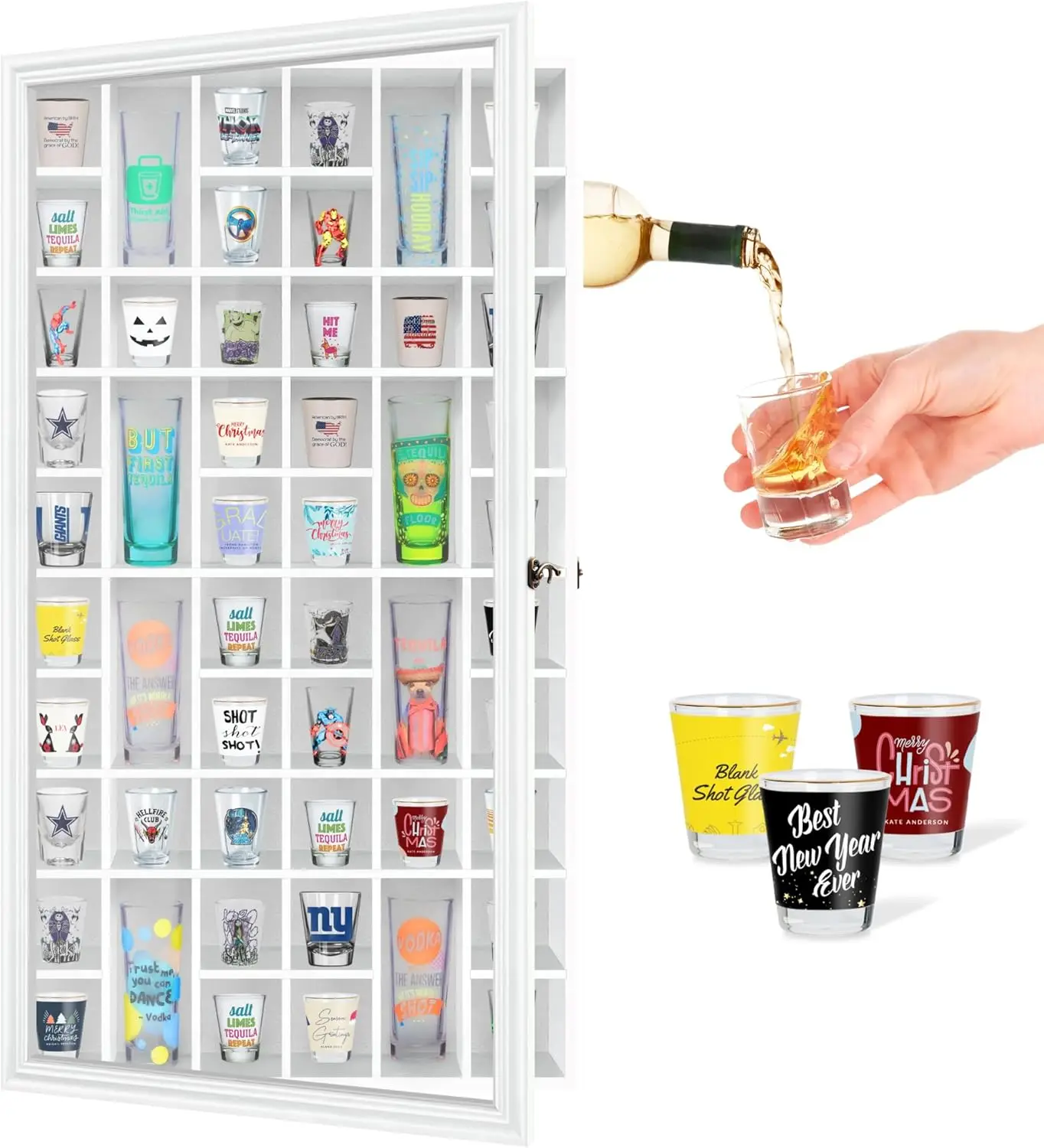 Solid Wood Shot Glass Display Cabinet with UV Protection Acrylic Door - Wall Mounted Shadow Box for Collectibles, 52 Slots