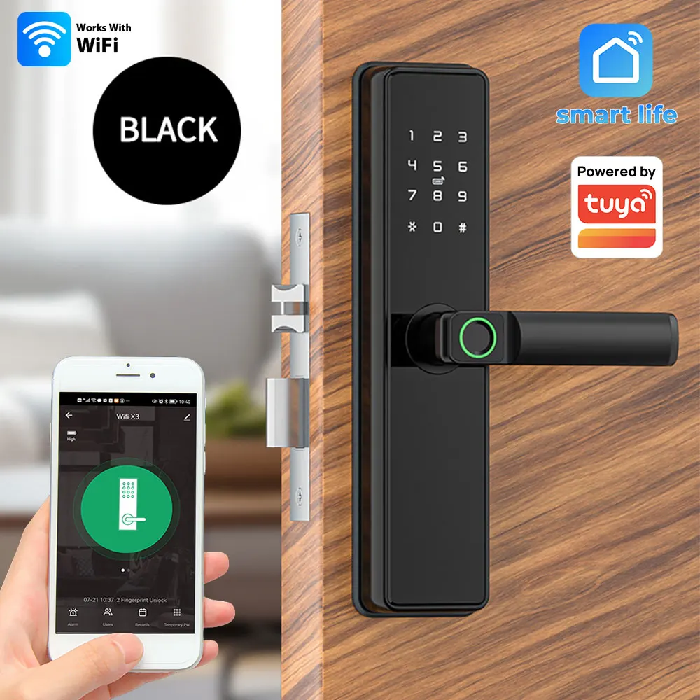 Tuya WiFi Digital Electronic Lock Biometric Fingerprint Intelligent Smart Door Lock For Home Security Protection Wooden Doors