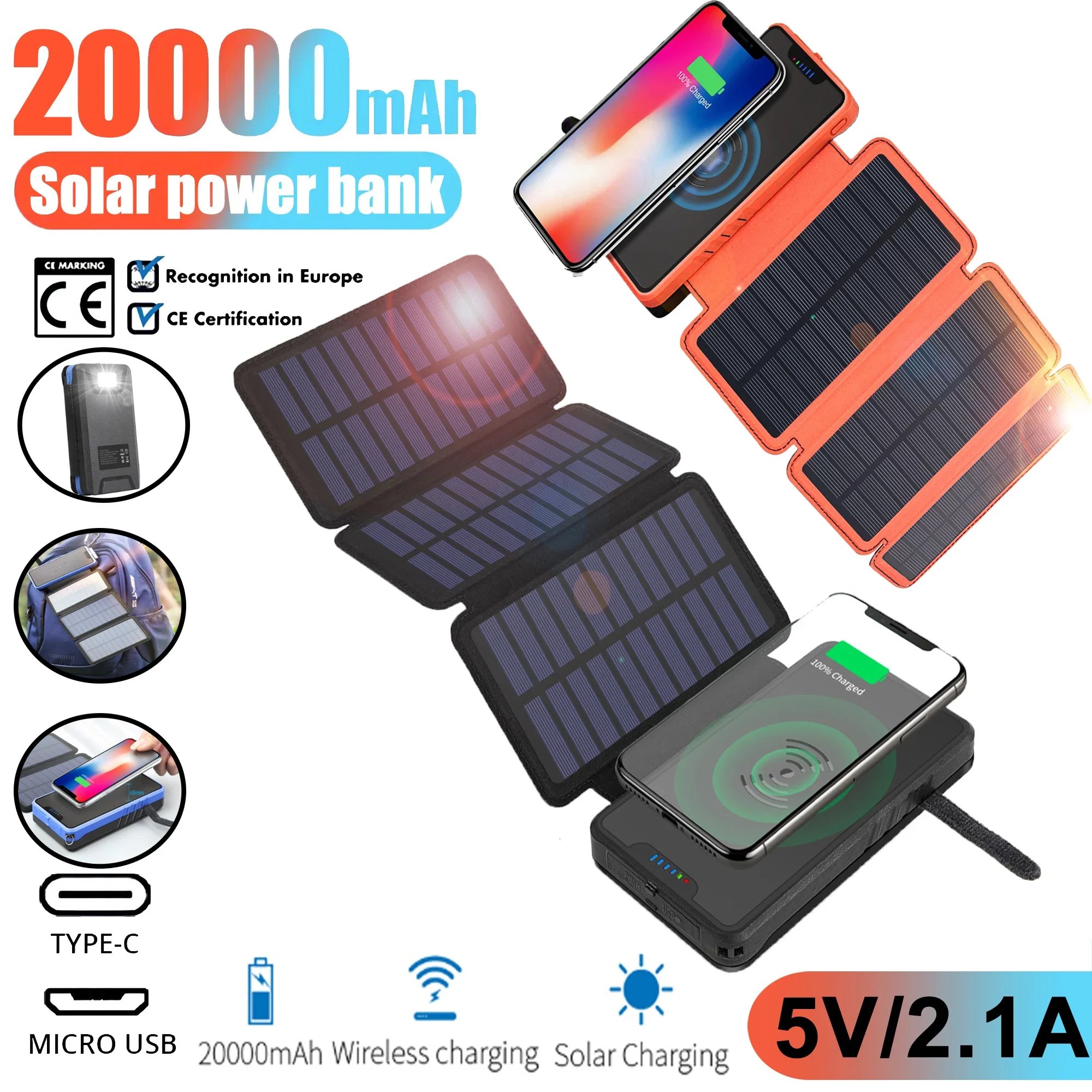 20000mah Solar Charger Power Bank Portable Charger Solar Power Bank 5V2.1A Fast Charger Built-in Super Bright Flashlight