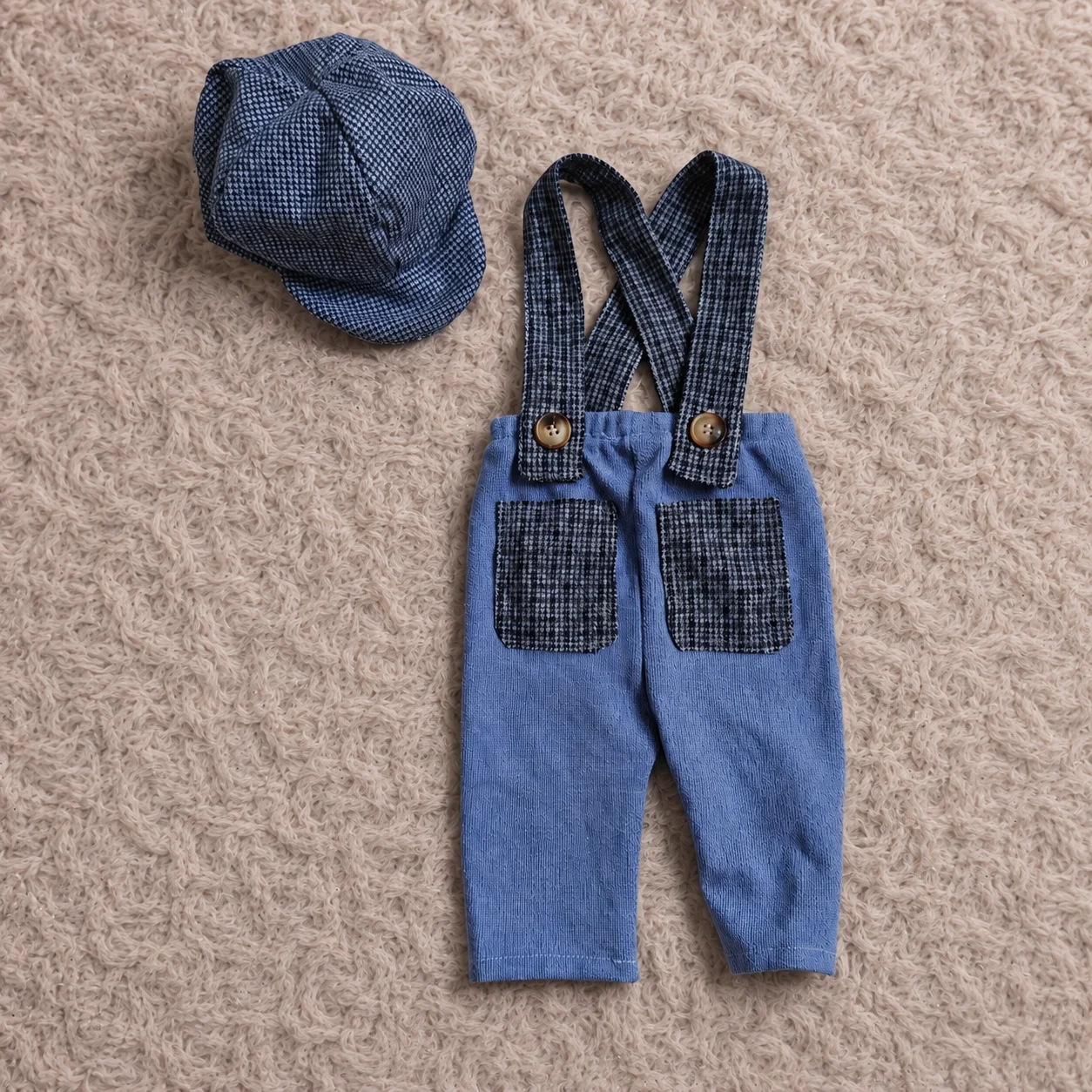 Newborn Baby Boy Photography Outfit Blue Suspender Romper Overalls with Matching Newsboy Cap Infant Photoshoot Bodysuit Gift view 5
