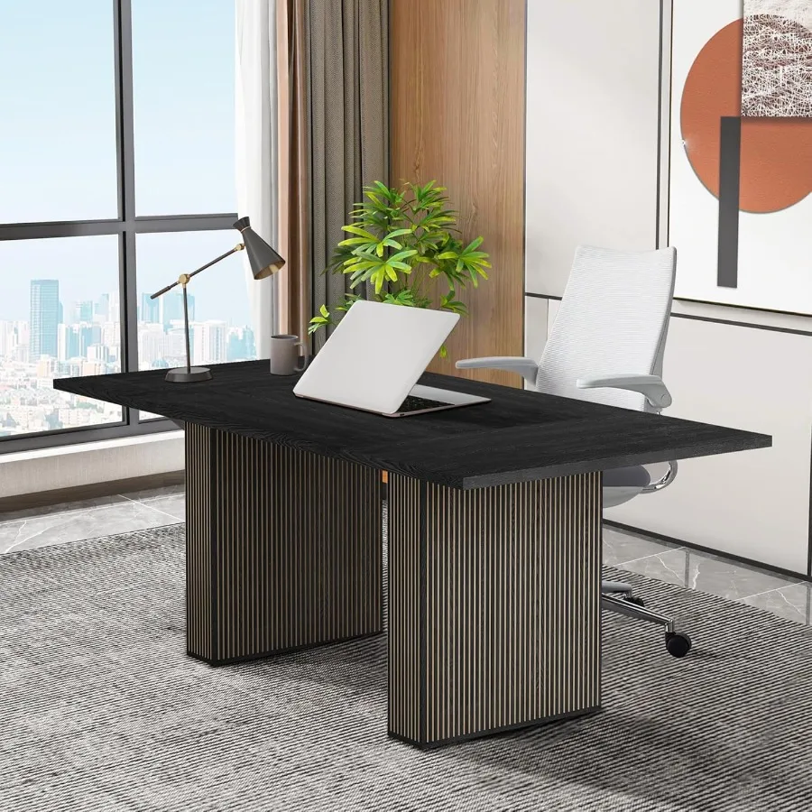 78 Ih Long Executive Desk Large Office Desk with Wood Strip Base Modern Farmhouse Computer Desk Business Furniture for Home Off