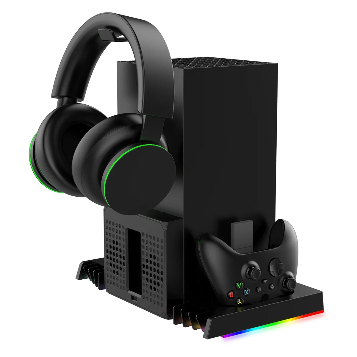 حامل مروحة التبريد ومحطة شحن لوحدة التحكم ووحدة التحكم Xbox Series X مع ضوء ملون 15RGB مع ملحقات خطاف سماعة الرأس