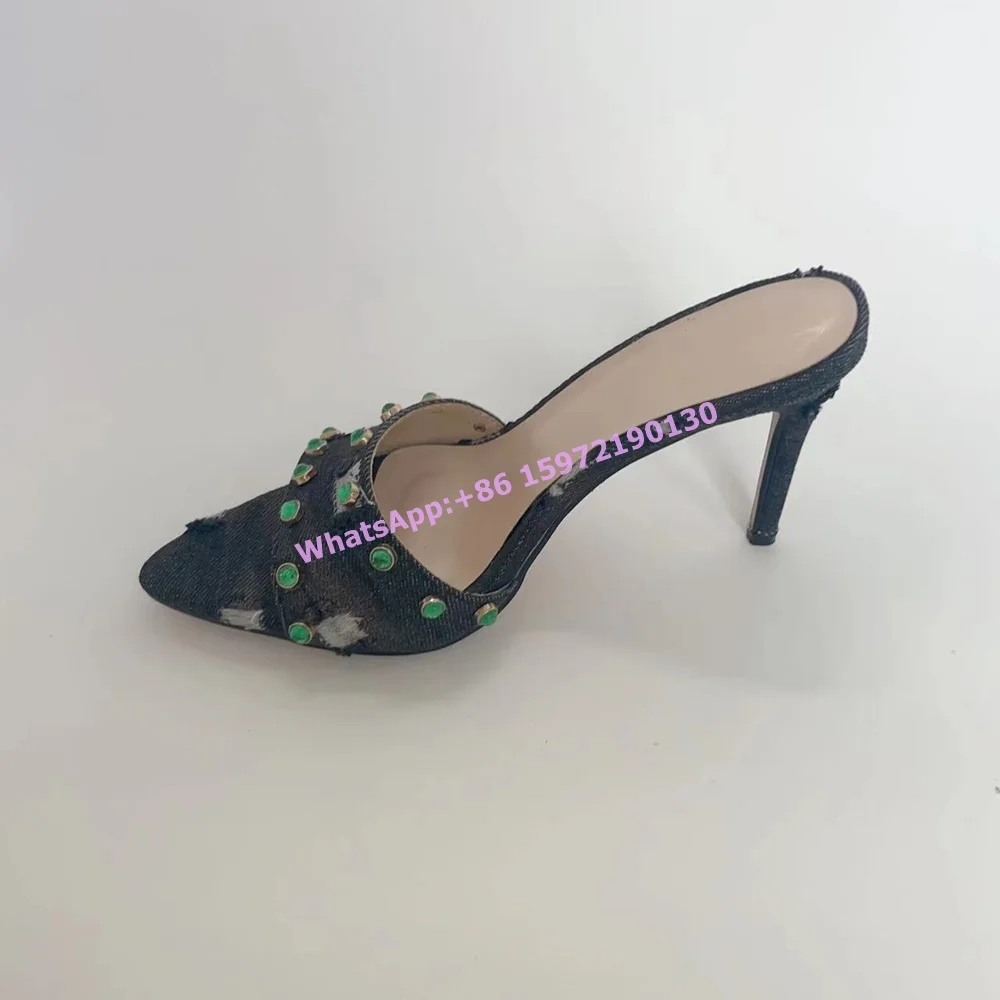 

Green Rhinestone Canvas Slippers Slip On Slingback Distress Retro Shoes Pointy Toe Thin Heels Mixed Color Fashion Basic Slippers