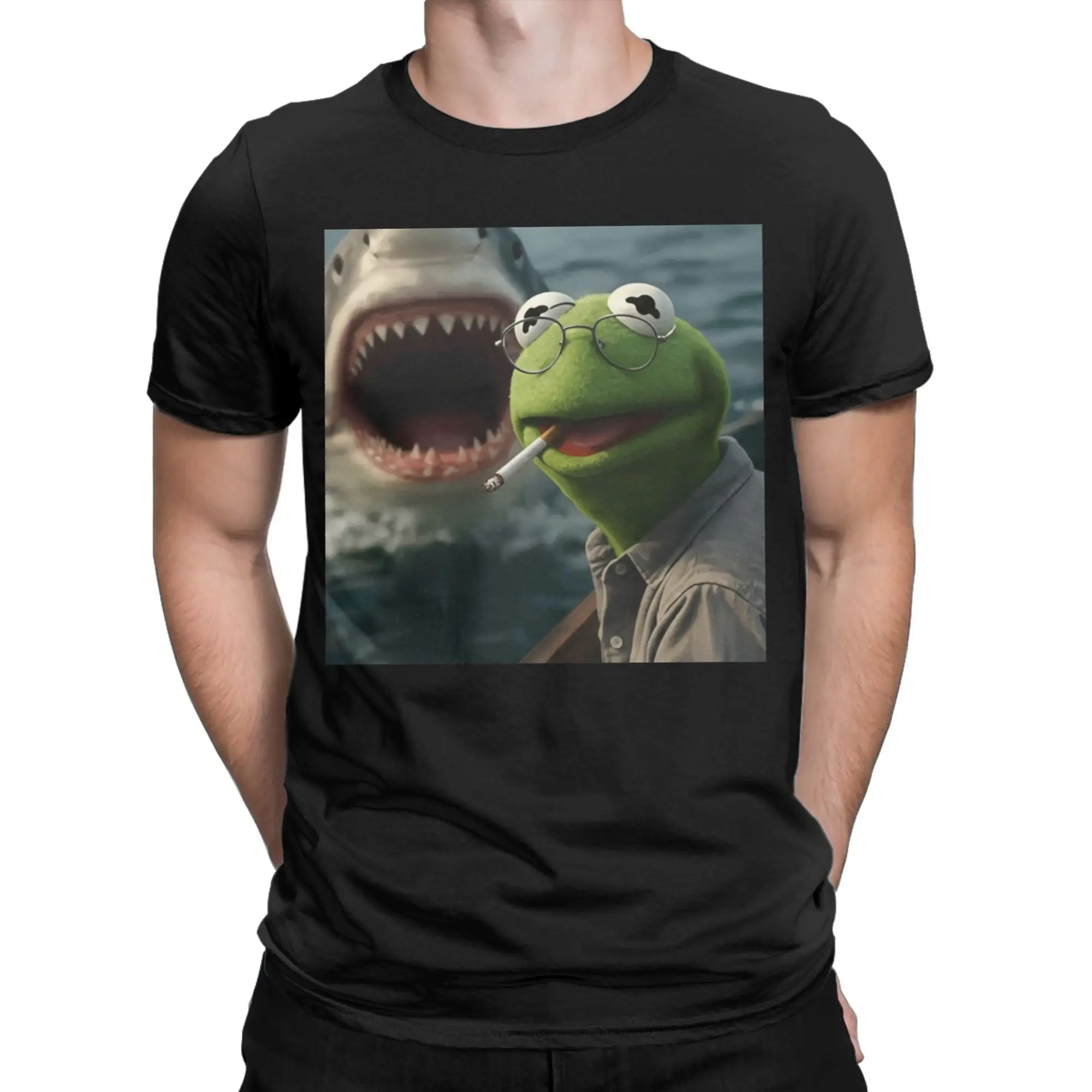 Vintage Frog Kermits Smoking Meme T-Shirt for Men Crew Neck Pure Cotton T Shirts Shark Attack Short Sleeve Tee Shirt 6XL Clothes