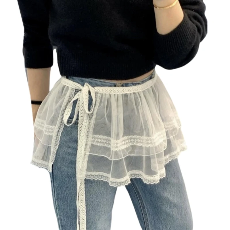 39BC Eye Catching Layered Skirt in Lace Mesh Fabric with Elegant Tie Detail Skirt Suitable for Parties and Daily Wear