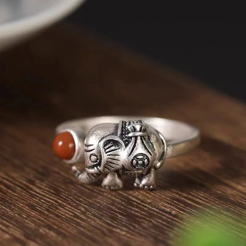 925 Thai silver 925 Matte Elephant Ring Original Southern Red Agate  rings for women Retro Ethnic Style Banquet Jewelry Gift