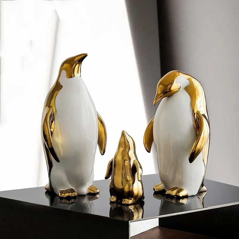 

Abstract Porcelain Penguin Sculpture Electroplated Ceramics Penguin Family Statue Antarctic Sea Bird Ornament Decor Gift Craft