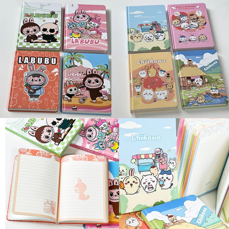 4pcs 1set Labub Hardshell Color Page Notebook Chiikawa Printed Learning Notebook Sanrio Cute Cartoon Anime Peripherals