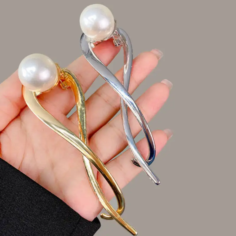 1pc Simple Metal Gold Sliver Colored Pearl Hair Grab Clip Elegant Feminine Twist Hair Clip Shark Clip Hair Ornament Jewelry Gift