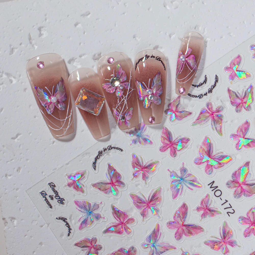 1Pcs Aurora Pink Shell Nail Art Stickers 3D Laser Fairy Self-Adhesive Nail Decals French Butterfly Nails Slider DIY Decoration#*