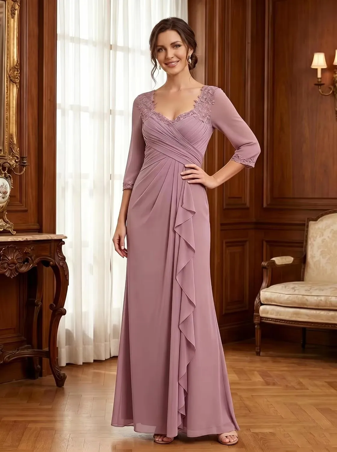 New Arrival Mother of The Bride Dress for Women Ruched V Neck Lace Appliques 3/4 Chiffon Formal Evening Guest Party Gown